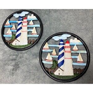 Vintage Lighthouse Sailboat Cast Iron Round Trivet Pot Holder Set